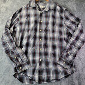 Merona Men’s Plaid Button Up Shirt L Gray Red Long Sleeve Casual Flannel Look